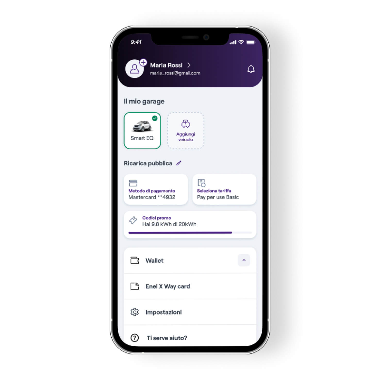 2. Vai sull’icona “Account” e seleziona “Card Enel X Way”